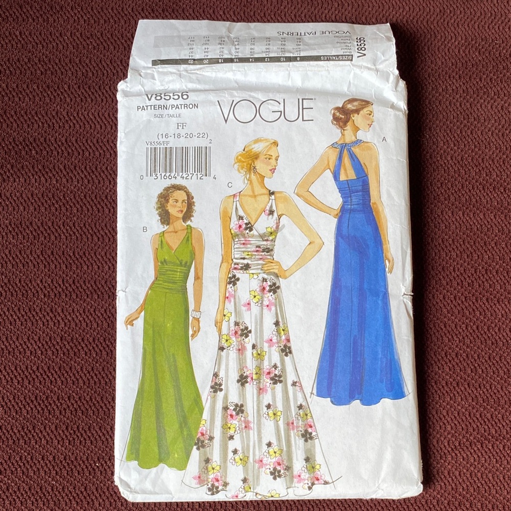 Vogue V8556 Backless Maxi Dress Sewing Pattern sizes 16-18-20-22